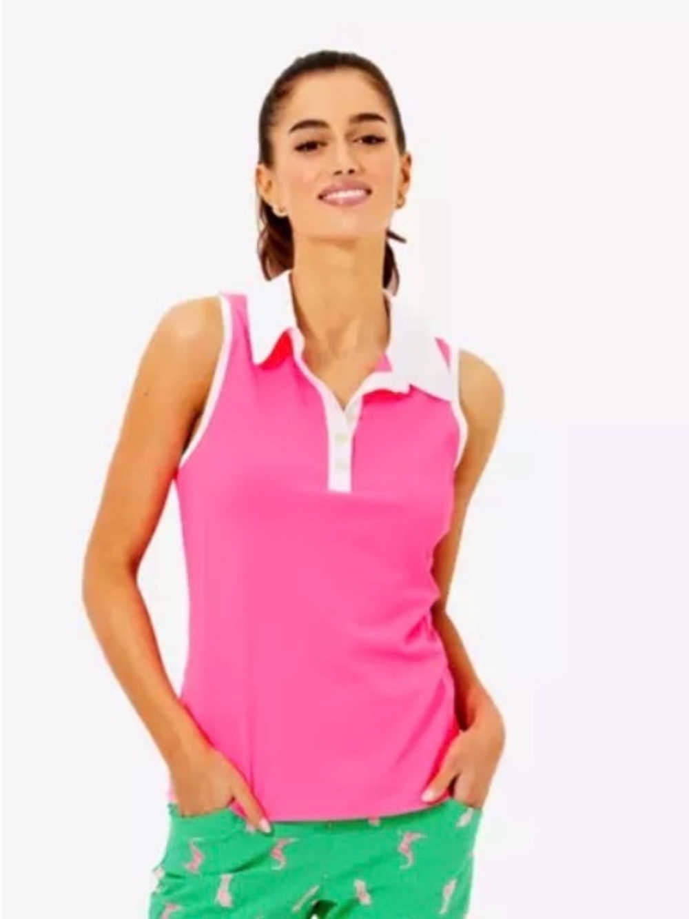 Lilly Pulitzer Imara Sleeveless Golf Polo Shirt in Hot Pink & White Trim. Size L